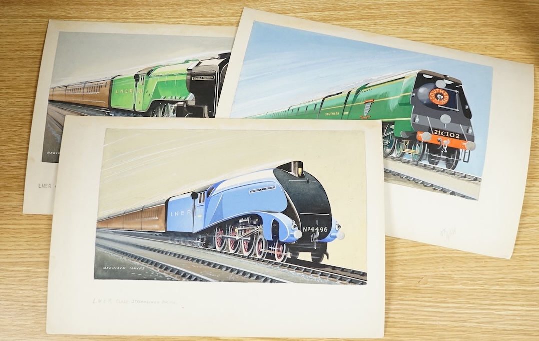 Reginald Mayes, set of three original gouaches for postcard designs, steam locomotives, comprising LNER Class Streamlined Pacific, SR Class West Country and LNER Class A2, each signed, 24 x 34cm, unframed, 24 x 34cm. Con